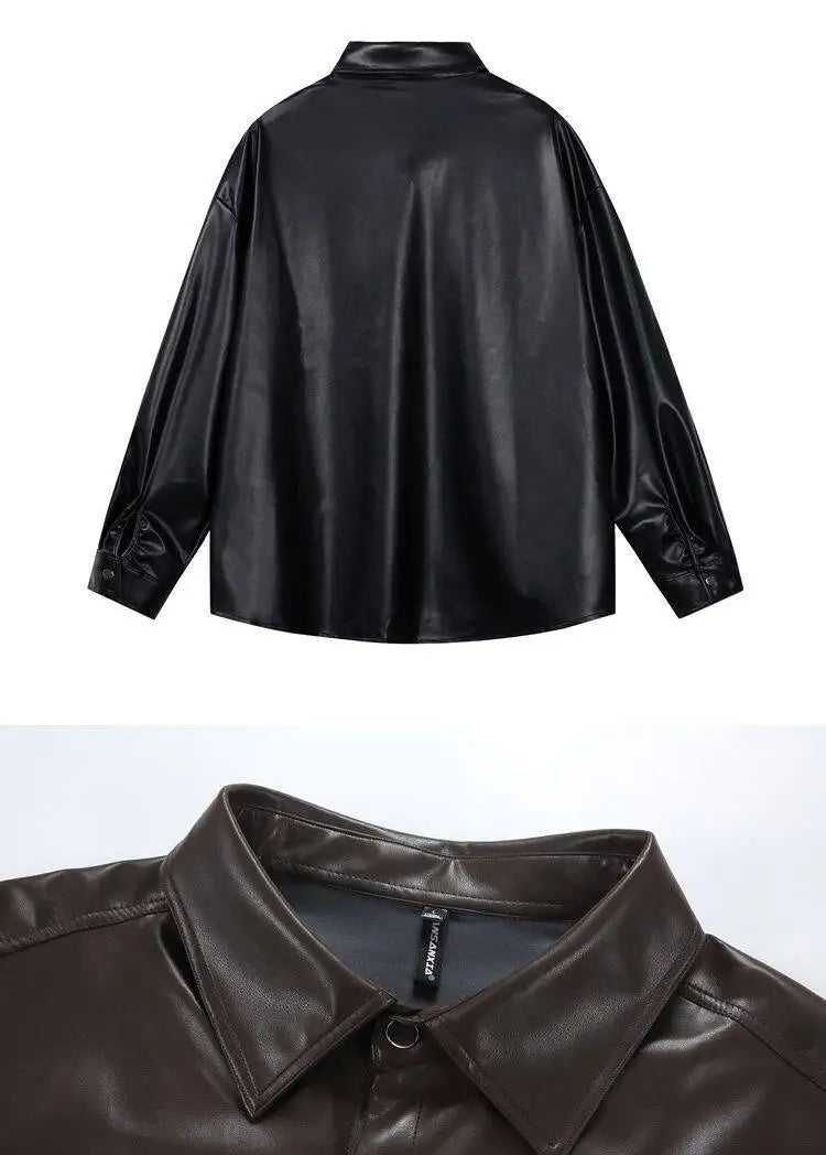 Fashion PU Jacket Shirt Men's Streetwear Oversize Loose Casual Long Sleeve Shirt Coat Plus Size Shirts Blouses for Men Clothes