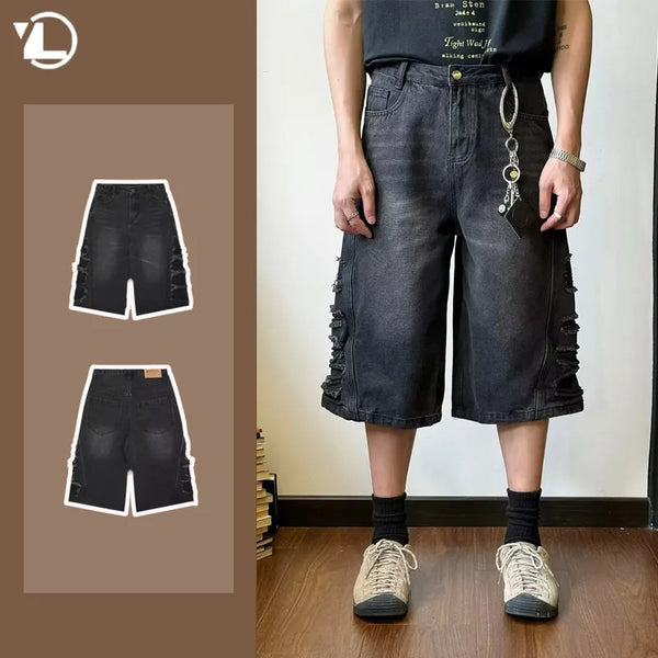 mens hip hop washed denim shorts broken hole folds burr edge street punk cowboy middle pants pockets bomber quarter pants y2k urban skinny jeans