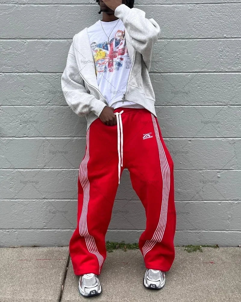 american retro classic striped sweatpants hip hop high street oversized wide leg pants men fashion trend versatile streetwear unique joggers style 2654