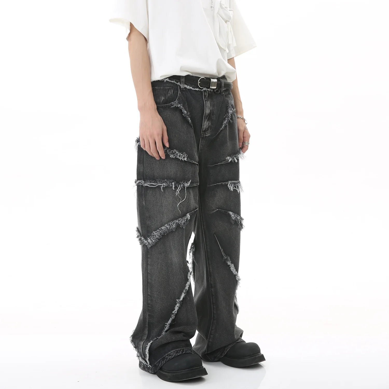 2023 european and american mens jeans new products personality trend hip hop fringed loose wide leg denim trousers urban skinny jeans