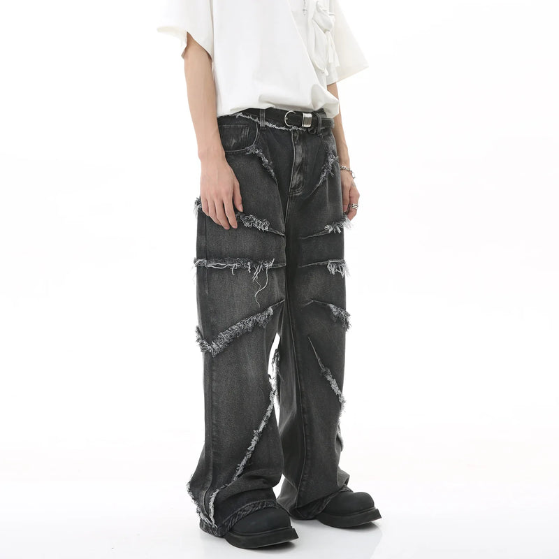 2023 european and american mens jeans new products personality trend hip hop fringed loose wide leg denim trousers urban skinny jeans