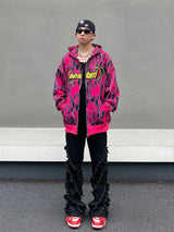 Y2K vintage anime featuring mens harajuku fire printed hoodies unisex hip hop y2k full zipper sweatshirt streetwear casual hooded warm loose tops hoodies