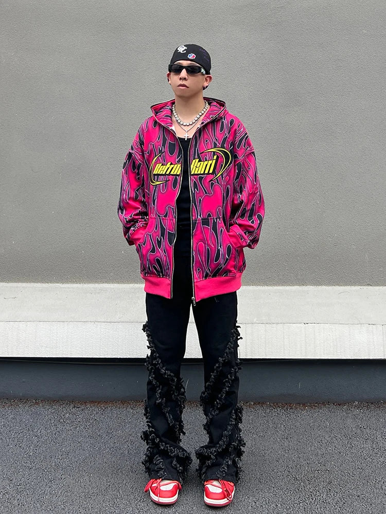 Y2K vintage anime featuring mens harajuku fire printed hoodies unisex hip hop y2k full zipper sweatshirt streetwear casual hooded warm loose tops hoodies