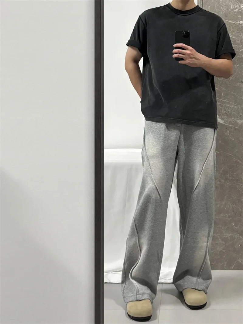 autumn mens high street pleated straight pants korean fashion elastic waist pockets trousers y2k vintage pantalones hombre unique default style 736