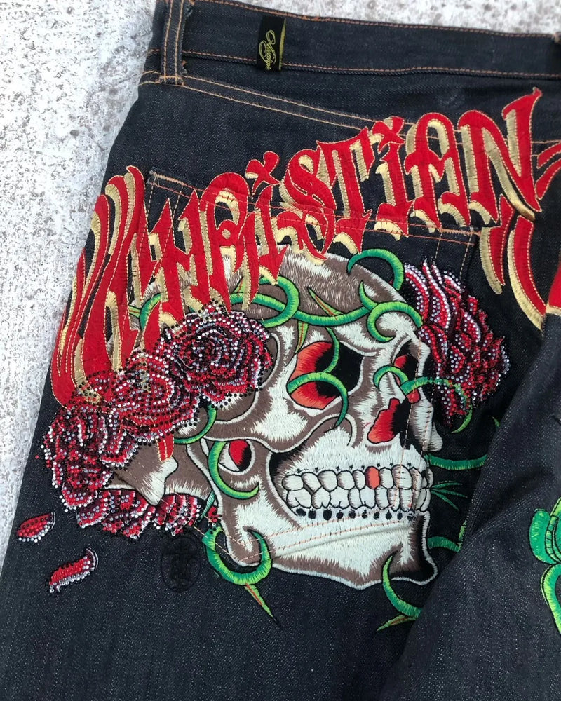 goth hip hop oversized skull embroidery pattern y2k baggy jeans new men and women straight black jeans retro casual denim pants unique jeans style 904