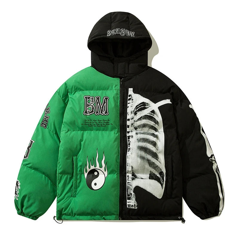 rainbowtouches mens winter parka jacket skeleton print streetwear outwear harajuku padded hooded loose warm coat unisex red f - variant style 6d9c21 for streetwear fashion