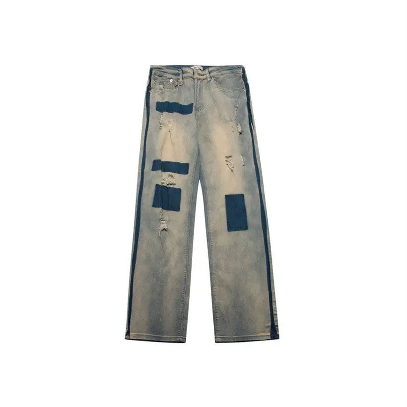 men and women trendy high street retro washed ripped color blocked jeans summer hip hop loose straight leg casual pants y2k urban skinny jeans