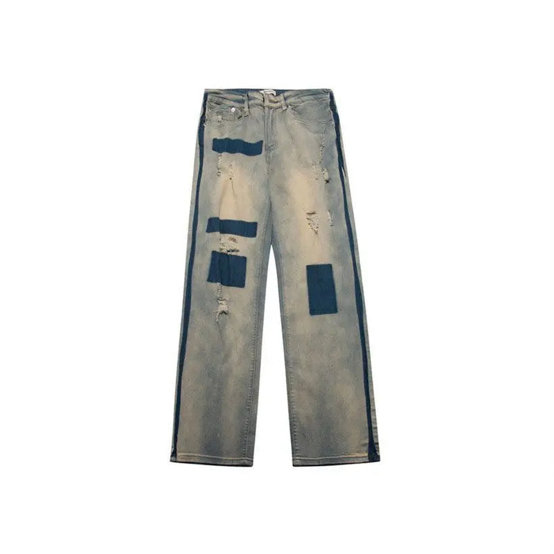men and women trendy high street retro washed ripped color blocked jeans summer hip hop loose straight leg casual pants y2k urban skinny jeans