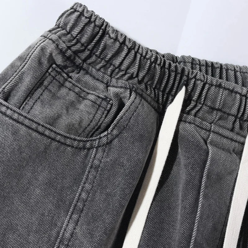 fashion loose streetwear denim pants unisex casual drewstring elastic waist jean pants hip hop trousers joggers mens baggy jeans unique joggers style 3249