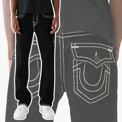 true religion vintage hip hop street leisure denim pants y2k gothic fashion embroidered straight leg wide leg jeans men clothing unique jeans style 4779