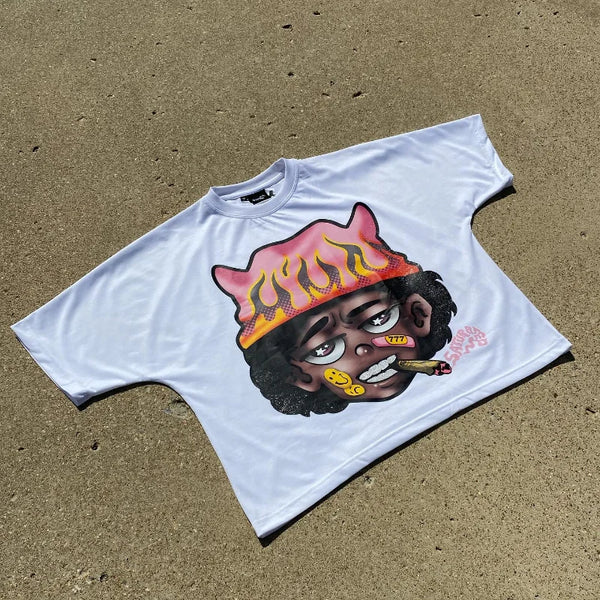 Oversized tee with bubble font cloud print and spark