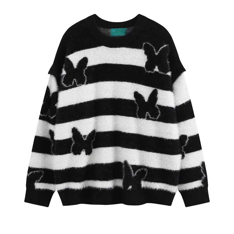 fashion striped sweaters women casual botton open sleeves butterfly knitted streetwear y2k warm furry o neck pullover knitwear - trendy hip hop fashion hoodie, graphic printed hoodie for men and women, oversized streetwear hoodie