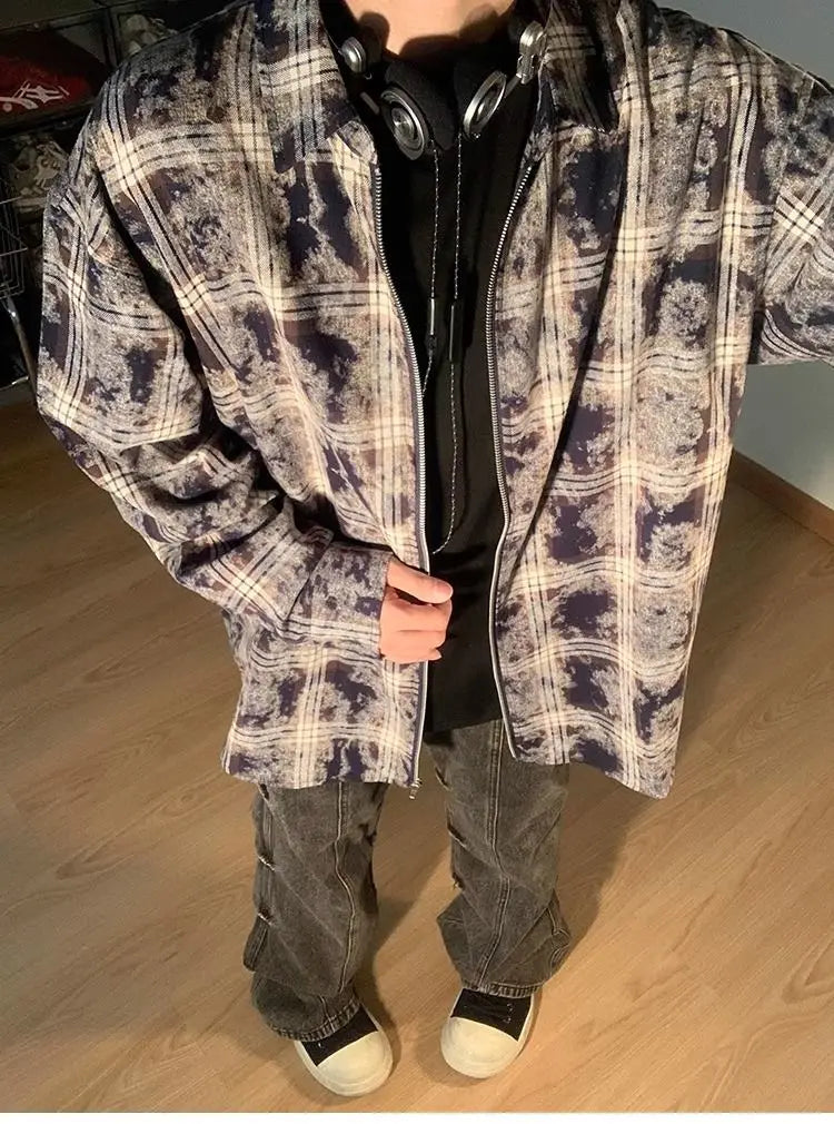 Autumn and Winter 2024 New Smudged Design Y2K Zipper Shirt Men's Korean Handsome Personality