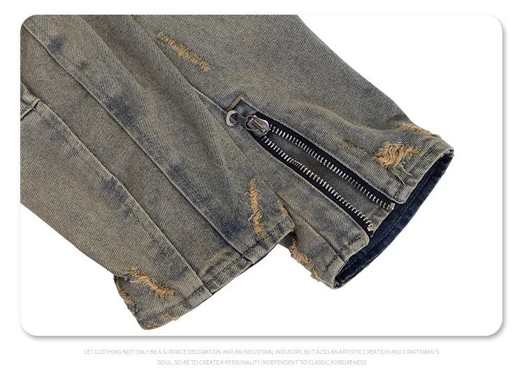trendy coat featuring collarless wash denim motorcycle jacket design – premium quality jacket for men