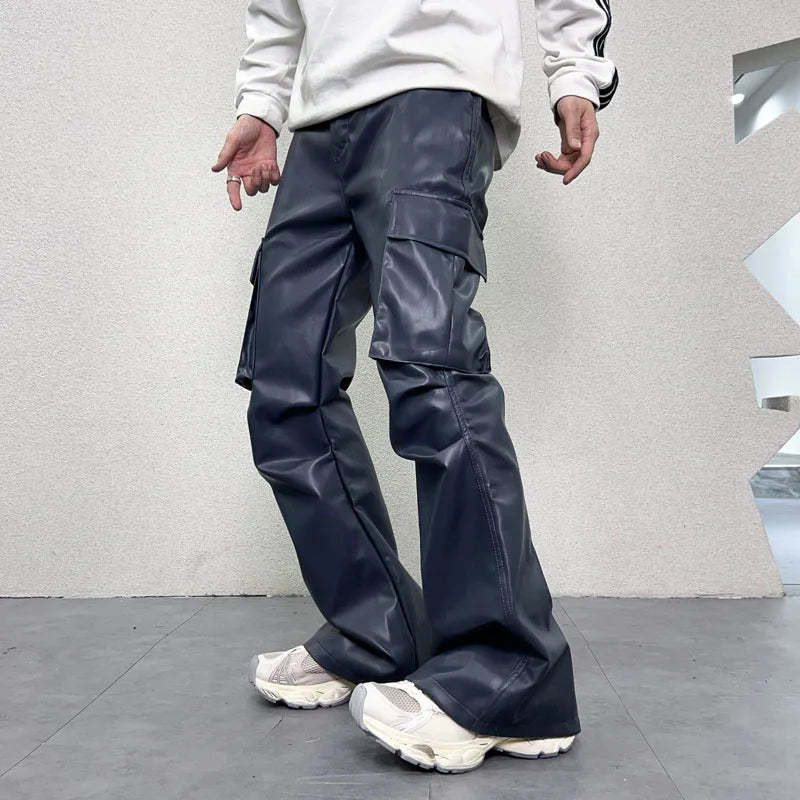pu leather pants mens streetwear fashion hip hop vibe casual faux leather cargo flared pant men motorcycle trousers unique cargo style 3061
