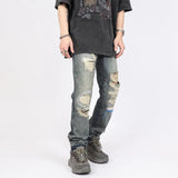 hole ripped retro straight spliced mens jeans streetwear washed pcoekts distressed denim trousers loose hip hop jean pants ripped baggy denim