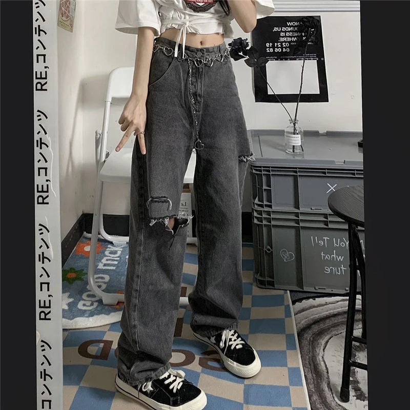 xpqbb vintage streetwear dark gray jeans women y2k high waist ripped denim trousers female 2022 new design loose wide leg pants unique jeans style 2803