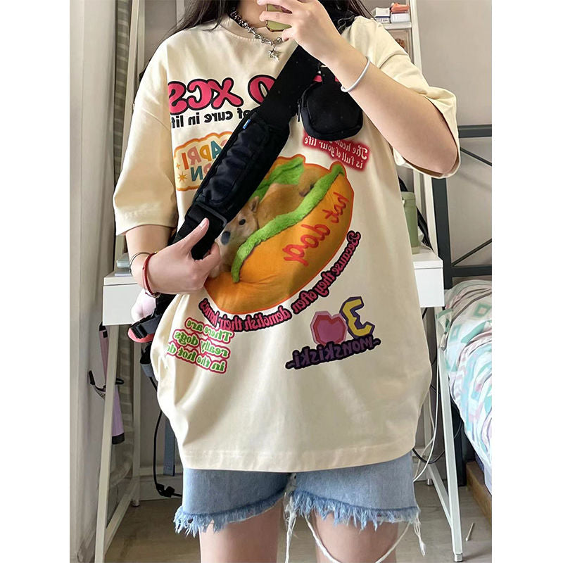 Y2K Graphic Tee – New Apricot American Vintage Creative Animal Hot Dog Cartoon – Modern Streetwear for Everyone