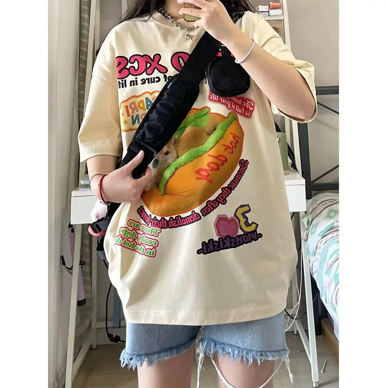 Y2K Graphic Tee – New Apricot American Vintage Creative Animal Hot Dog Cartoon – Modern Streetwear for Everyone