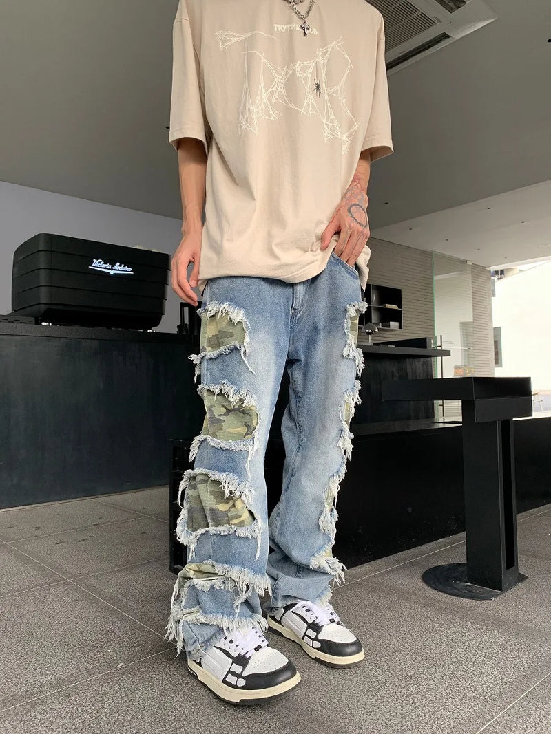 side destroyed ripped holes denim jeans pants mens casual patchwork camouflage loose straight joggers hip hop streetwear jeans unique joggers style 4078