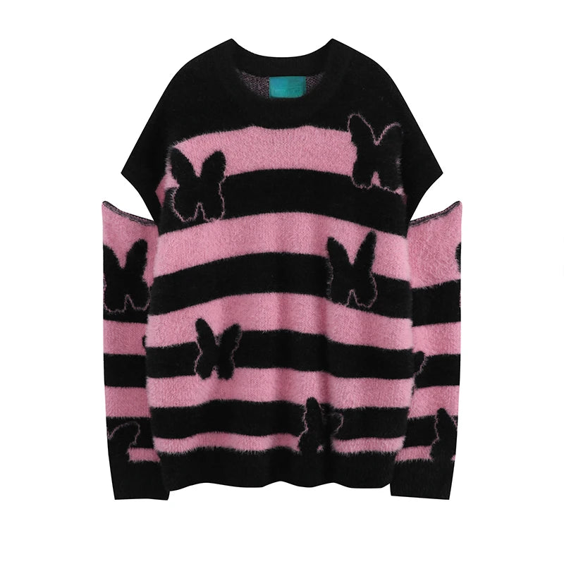 fashion striped sweaters women casual botton open sleeves butterfly knitted streetwear y2k warm furry o neck pullover knitwear - graphic printed hoodie for men and women, bold artwork streetwear hoodie, gothic aesthetic hoodie for winter
