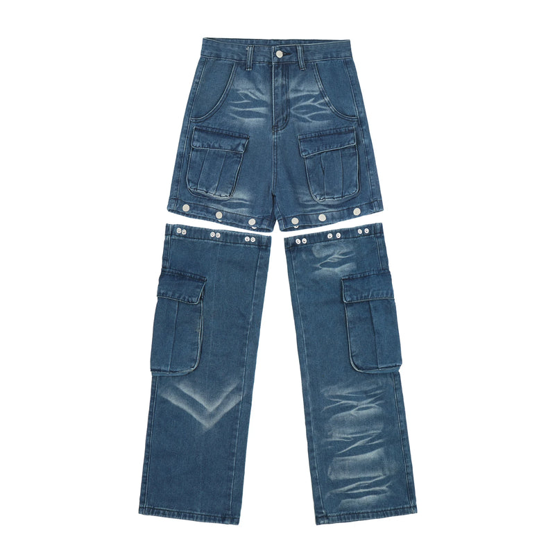 american retro buttons detachable design wide cargo jeans mens womens straight leg pants hip hop washed jeans overall 2023 unique cargo style 905