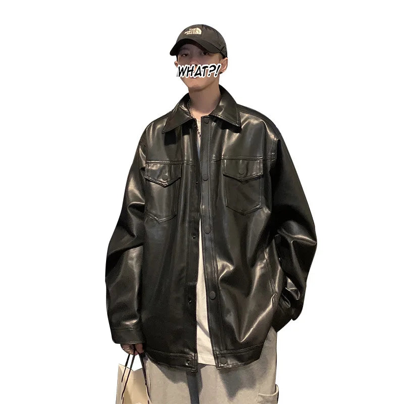 2023 Spring New Light Luxury Fashion Jacket Men's Loose Casual Tooling Leather Jacket Retro Motorcycle Leather Men's Boutique