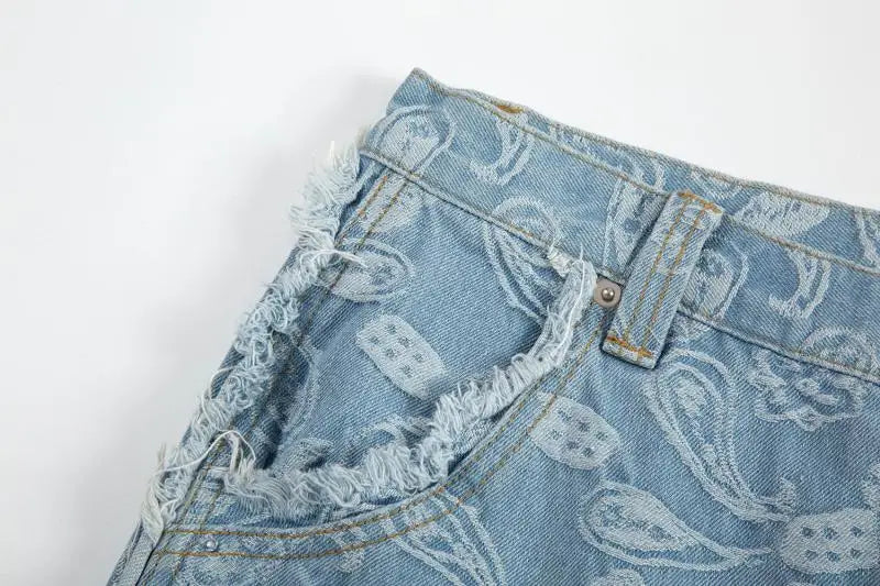 men distressed ripped patchwork paisley denim jean trouser fashion zipper biker jeans streetwear flare pants loose joggers jeans unique joggers style 5040