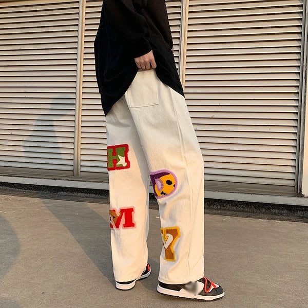 preppy style letter embroidery straight men baggy tracksuit pants y2k clothes sweatpants male drawstring casual long trousers casual joggers