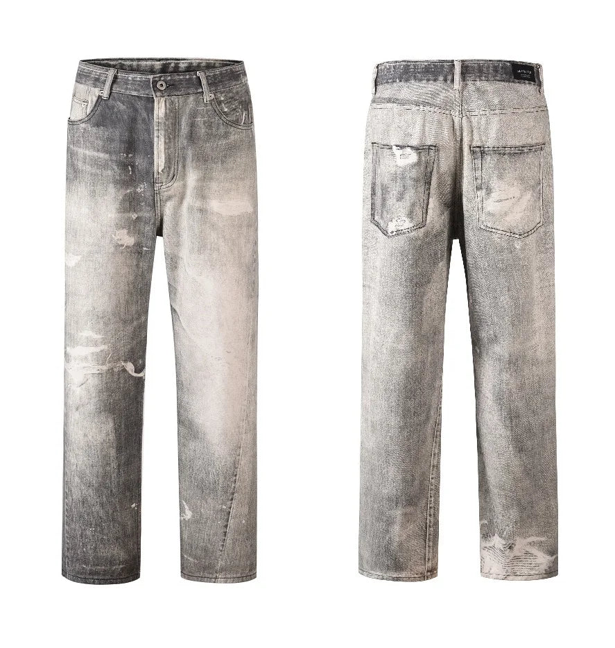 2023 european and american vintage digital printing jeans washed distressed straight denim pants mens streetwear y2k jean pants unique jeans style 5789
