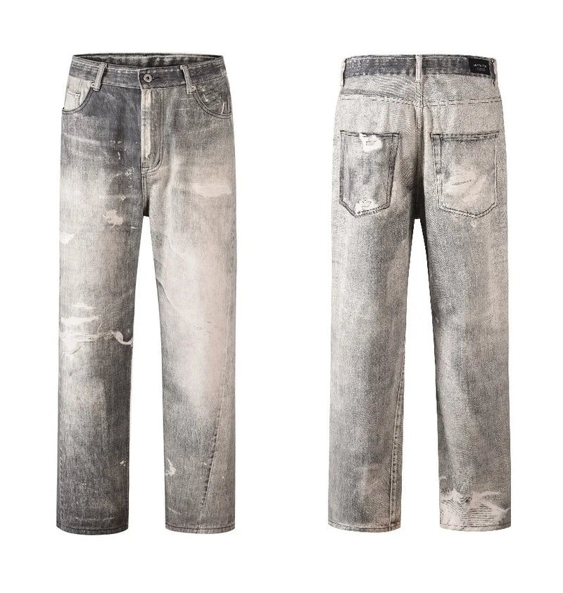 2023 european and american vintage digital printing jeans washed distressed straight denim pants mens streetwear y2k jean pants unique jeans style 5789