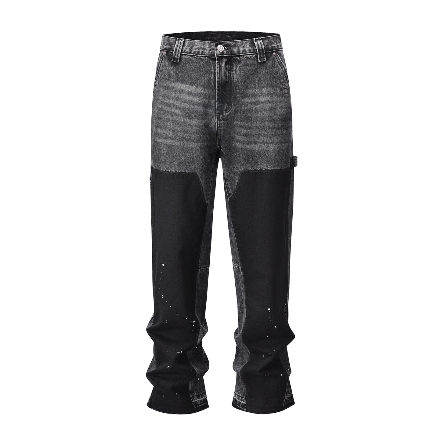 patchwork graffiti black straight denim pants mens vintage patches stitching ink splashed jeans y2k logging cargo pants for male military streetwear pants