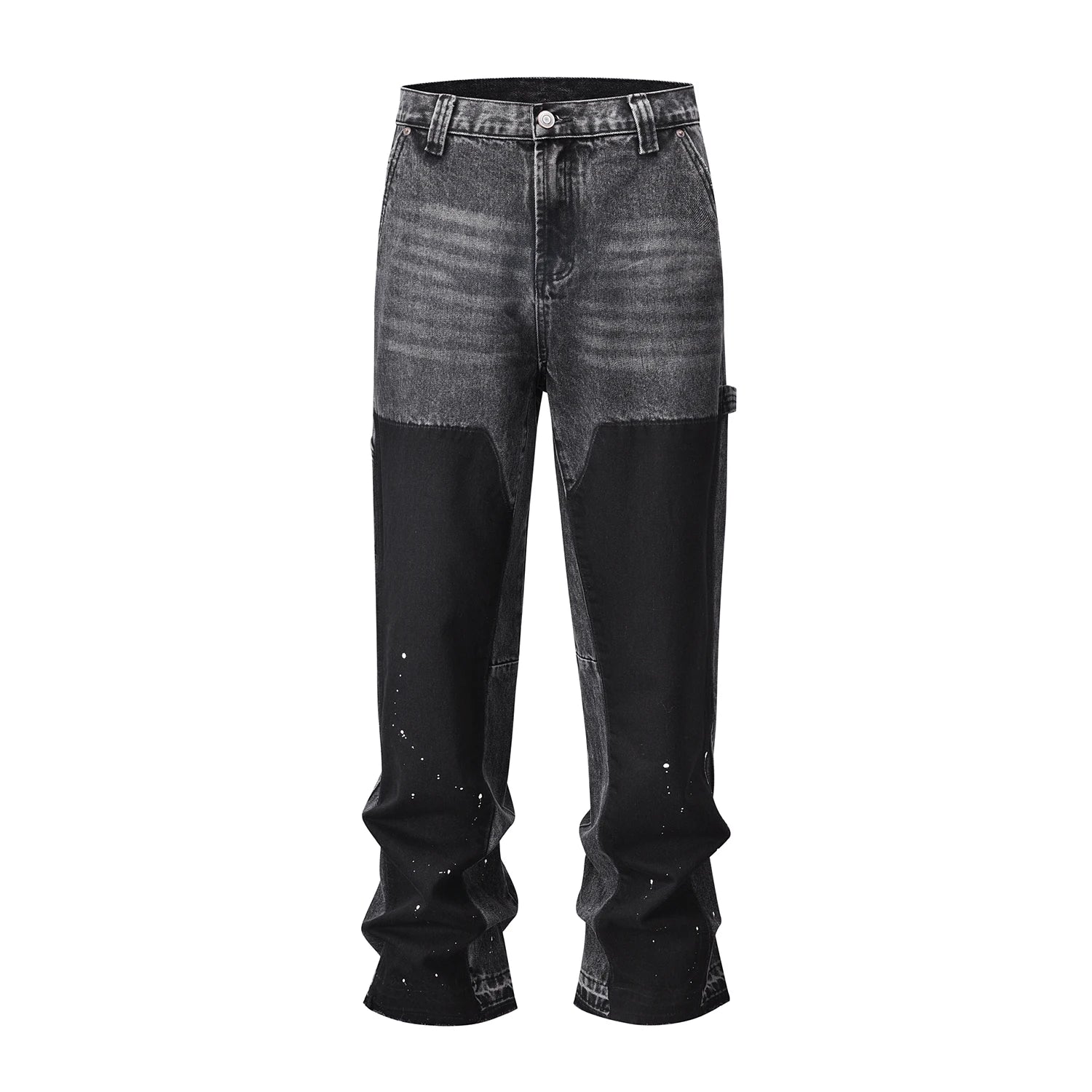 patchwork graffiti black straight denim pants mens vintage patches stitching ink splashed jeans y2k logging cargo pants for male military streetwear pants