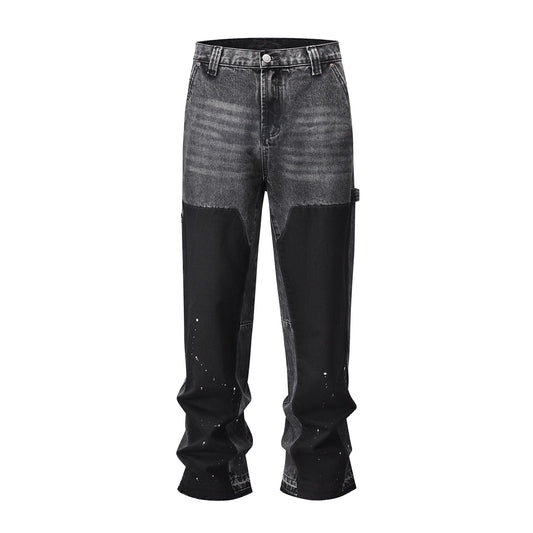 patchwork graffiti black straight denim pants mens vintage patches stitching ink splashed jeans y2k logging cargo pants for male military streetwear pants