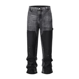 patchwork graffiti black straight denim pants mens vintage patches stitching ink splashed jeans y2k logging cargo pants for male military streetwear pants