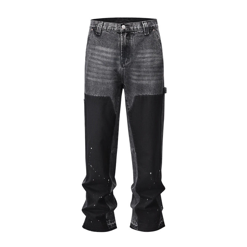 patchwork graffiti black straight denim pants mens vintage patches stitching ink splashed jeans y2k logging cargo pants for male military streetwear pants