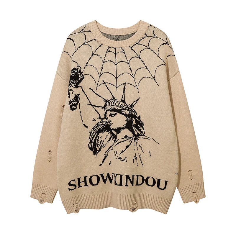 hip hop knitted sweater mens winter o neck harajuku pattern pullover streetwear casual loose pullover sweaters jumper knitwear streetwear fashion hoodie, Y2K vintage urban hoodie, trendy hip hop style outerwear