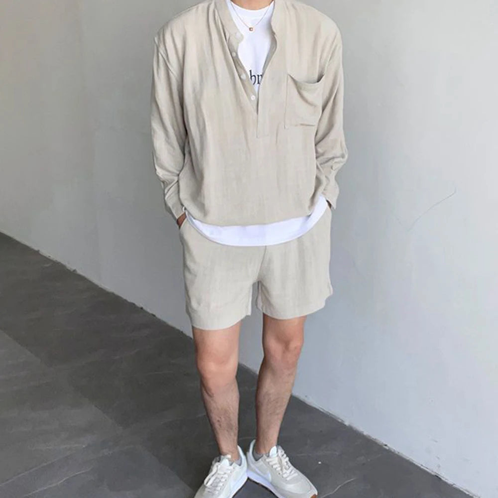 korean fashion summer clothes men 2 piece set solid hip hop v neck tops shorts streetwear short pants outfits casual outer sets unique shorts style 141