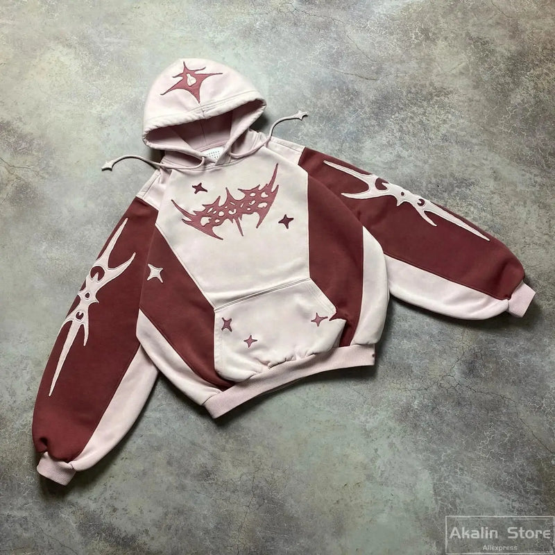 Vaporwave Drop – Y2K Patch Design Loose Zip Hoodies For Men Geometric Pattern – Streetwear Fashion for Men & Women
