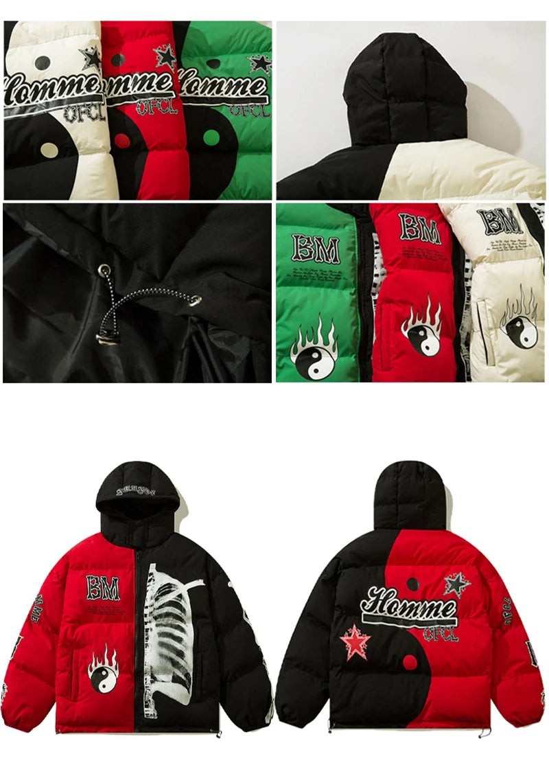 rainbowtouches mens winter parka jacket skeleton print streetwear outwear harajuku padded hooded loose warm coat unisex nan f - variant style 2930ed for streetwear fashion