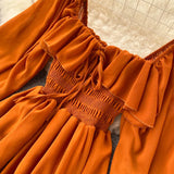Chic Elegant Square Collar Maxi Dress Women Solid Chiffon Puff Sleeve Dresses 2023 Korean Fashion Vintage Ruffle Vestidos