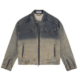 casual layering jacket featuring collarless wash denim motorcycle jacket design – premium quality jacket for men