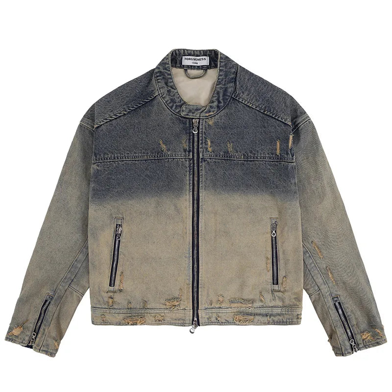 casual layering jacket featuring collarless wash denim motorcycle jacket design – premium quality jacket for men