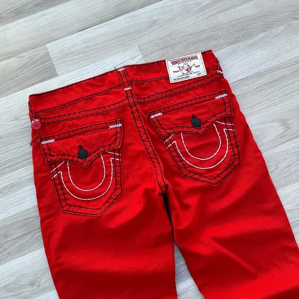 hip hop vintage red true faith embroidered jeans street gothic loose casual denim trousers couples baggy pants y2k clothes unique jeans style 4181