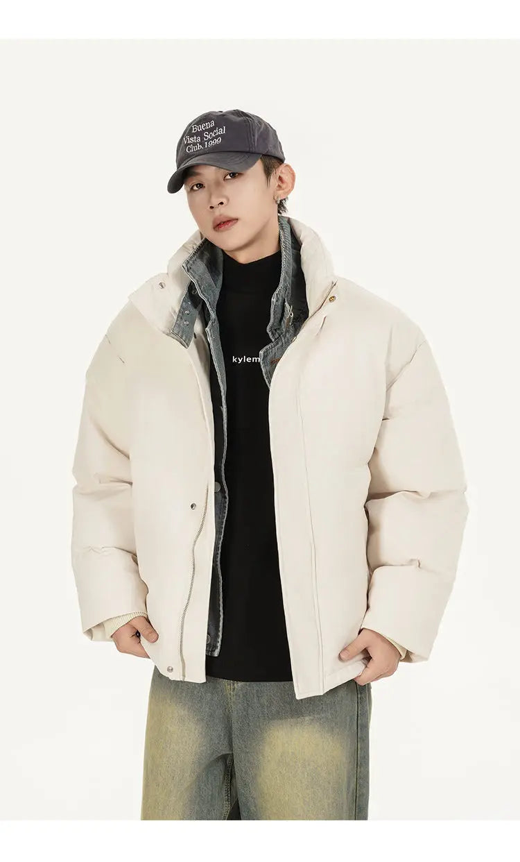 Winter Splice Denim Cotton-padded Jacket Men Women Stand Collar Fashion Loose Casual Thicken Warm Parkas Jacket Boyfriend Coat