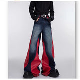 y2k retro washed splicing jeans for men new hip hop punk pu leather baggy jeans straight casual black denim trousers streetwear vintage washed jeans