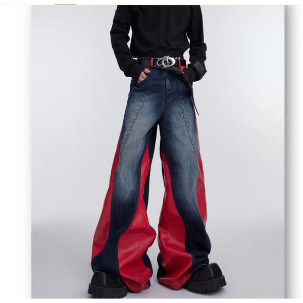 y2k retro washed splicing jeans for men new hip hop punk pu leather baggy jeans straight casual black denim trousers streetwear vintage washed jeans