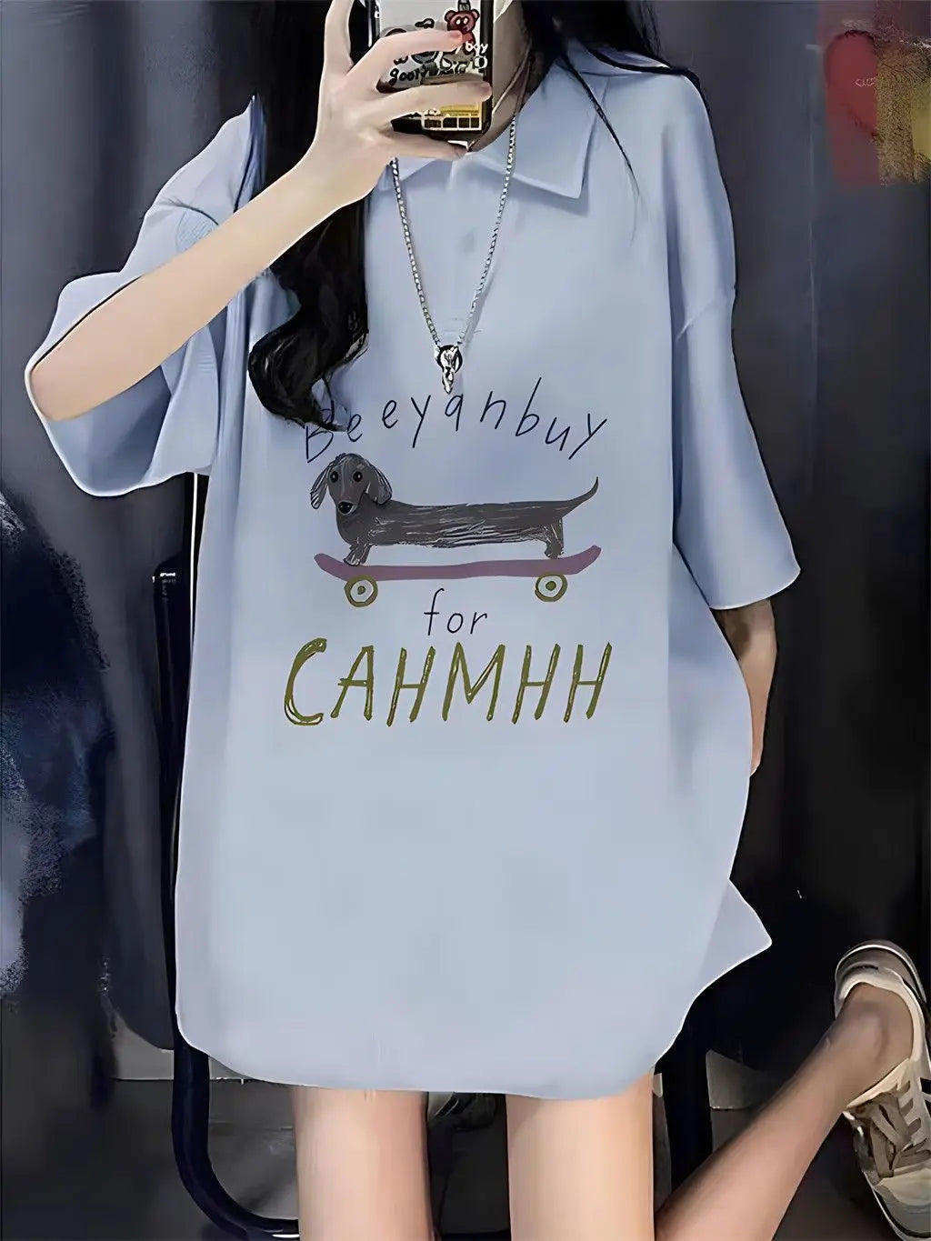 Gothic Vintage print – New 2024 Korean Style Casual Loose Blue Polo Collar Short Sl