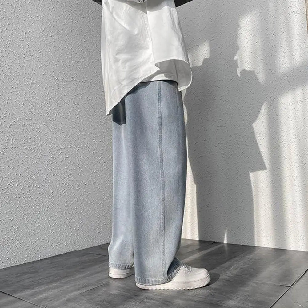 korean mens casual long jeans loose retro straight baggy pants denim wide leg pants light blue grey black retro washed jeans unique jeans style 1264