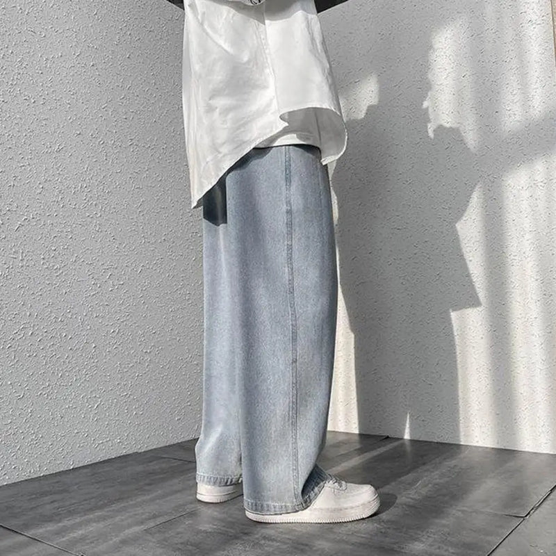 korean mens casual long jeans loose retro straight baggy pants denim wide leg pants light blue grey black retro washed jeans unique jeans style 1264